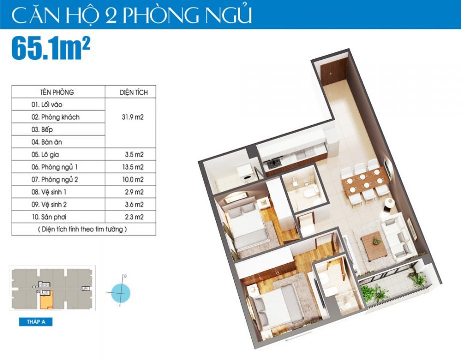 Căn hộ 02PN 65.1m2