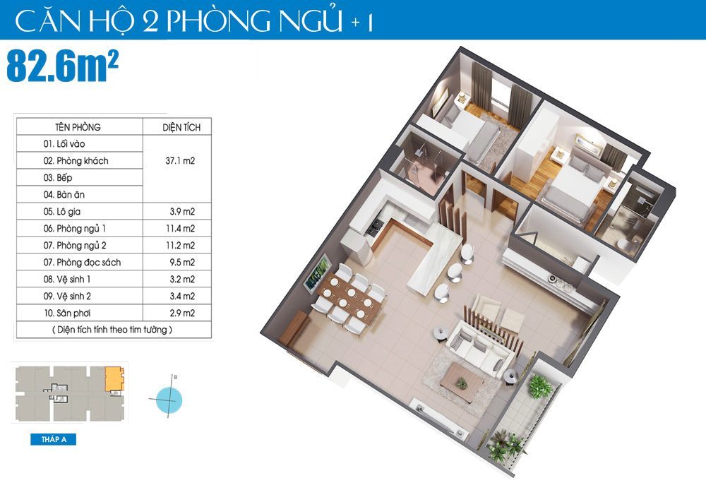 Căn hộ 02PN+ 1 82.6m2